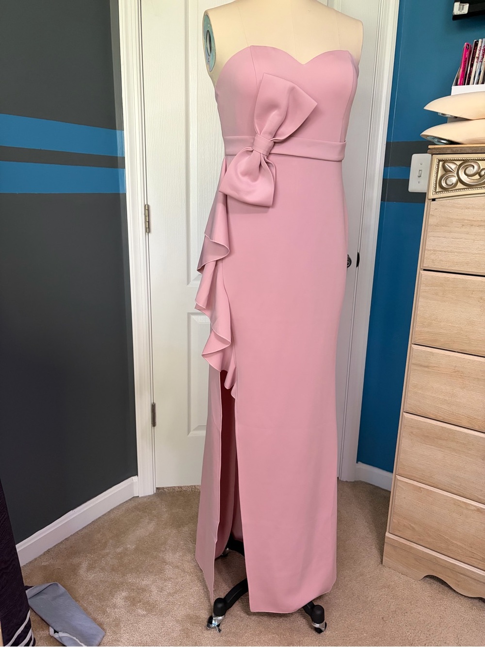 NWT Dalia Blush Pink Strapless Evening Gown with Oversized Bow & Ruffle Slit